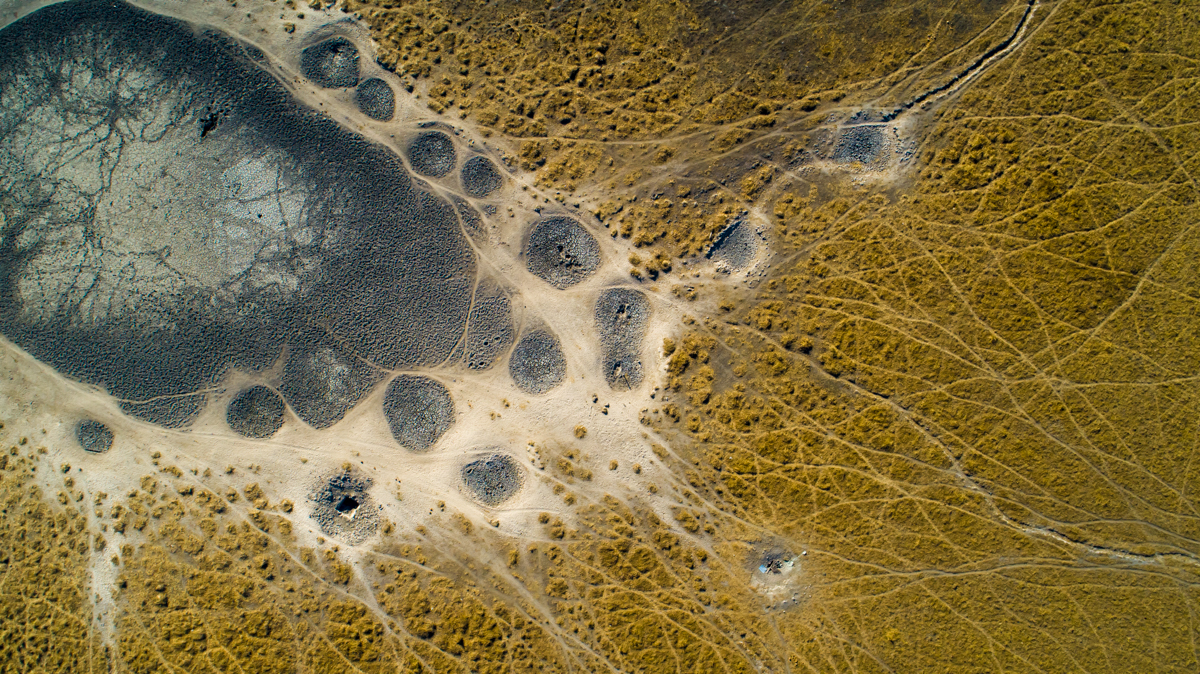 Details of a dried-up, organic-looking  waterhole in Africa, Botswana, Okavango Delta
